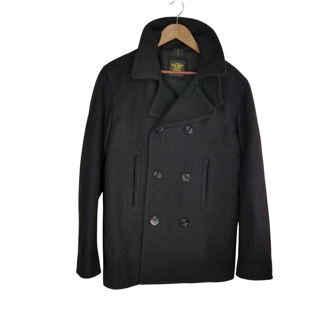 Old Navy Mens Black Wool Blend Double Breasted Pea Coat Jacket M 00s Nautical